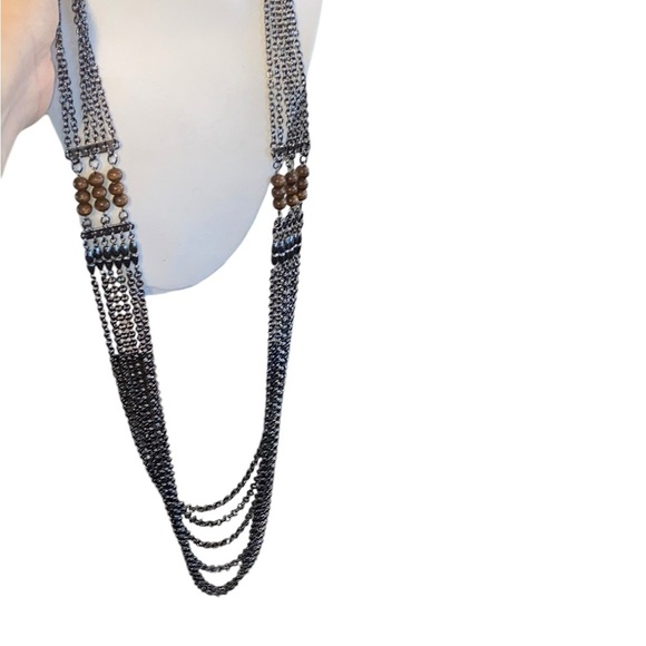 Boho style silver tone and wood bead long layered chain necklace - Picture 6 of 7